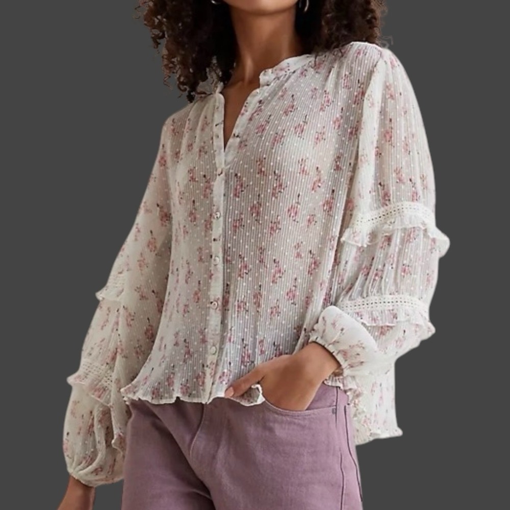 Anthropologie LetMeBe Sheer Floral Ruffle Lace Sleeve‎ Blouse Women's 8 Boho Top